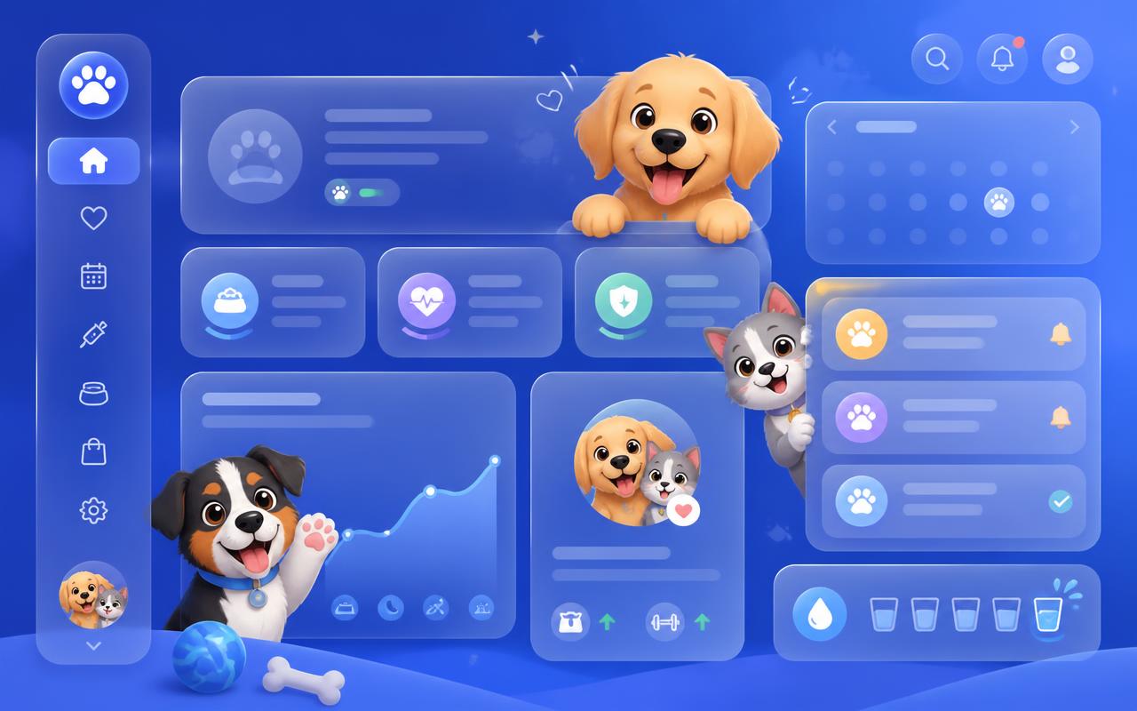 Paw Due dashboard with side menu, upcoming pet care reminders and monthly expenses